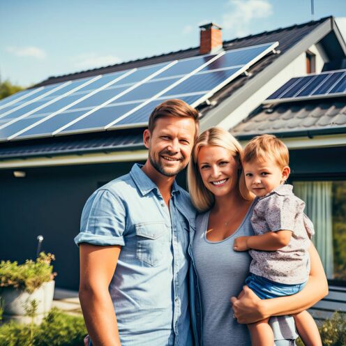 Eine glückliche Familie steht im Garten ihres Hauses, auf dessen Dach Photovoltaikmodule installiert sind.